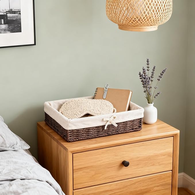 Set of 4 Wicker Storage Baskets Hand-woven Baskets for Shelves Rattan Basket for Bathroom Storage with Lining Decorative Rectangle Shelf Baskets Set for Pantry Kitchen Bedroom