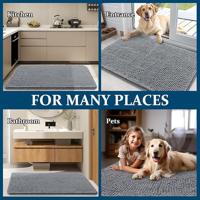 OLANLY Dog Door Mat for Muddy Paws 45x27, Absorbs Moisture and Dirt, Absorbent Non-Slip Washable Doormat, Quick Dry Chenille Mud Mat for Dogs, Entry Indoor Entryway Carpet for Inside Floor, Grey