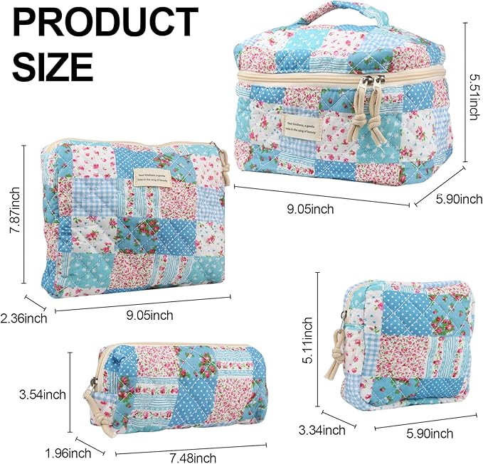 VIWIME Makeup Cosmetic Bag, Large Cotton Quilted Travel Coquette Aesthetic Cute Floral Make up Bag for Women Toiletry Bag Organizer (204- Gird Rose / 4Pcs)