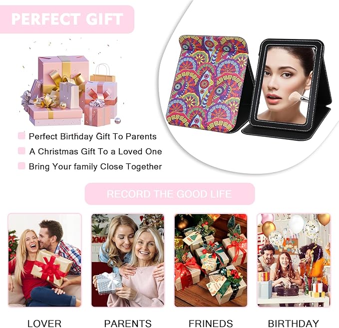 Large Foldable Travel Makeup Mirror, Adjustable Angle Portable Standing Vanity Mirror, Folding PU Leather Rectangular Rounded Corners Design for Desk Table Camping 9"x7"