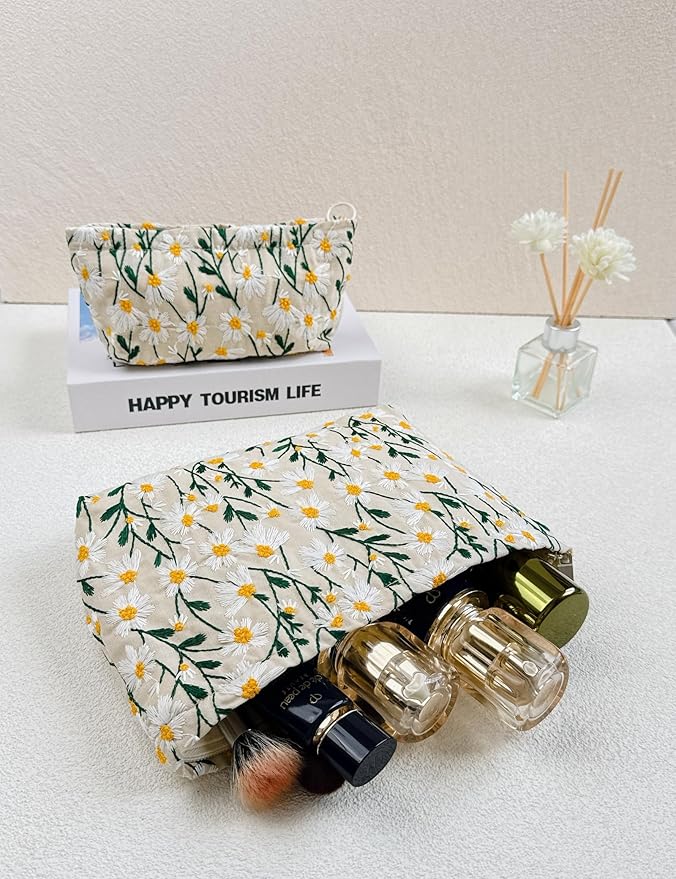 2 Pcs Makeup Bags, Large Cosmetic Bag Travel Toiletry Bag Organizer for Women, Embroidery Craft, Floral Makeup Bag Small Cosmetic Pouch Purse with Zipper Gifts for Girls Teen