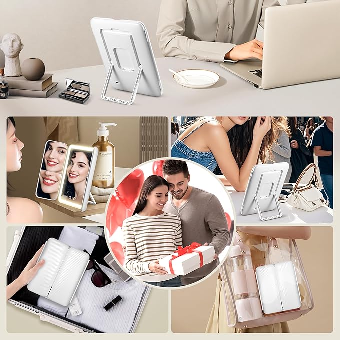 Vanity Mirror with Lights, Lighted Makeup Mirror with 30X/10X/5X Magnification, Rechargeable Trifold Mirror with 3 Color & Adjustable Brightness, Travel Makeup Mirror with Lights for Desk
