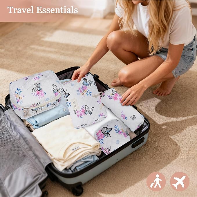 VIWIME Makeup Cosmetic Bag, Large Cotton Quilted Travel Coquette Aesthetic Cute Floral Make up Bag for Women Toiletry Bag Organizer (301-BlackButterfly)