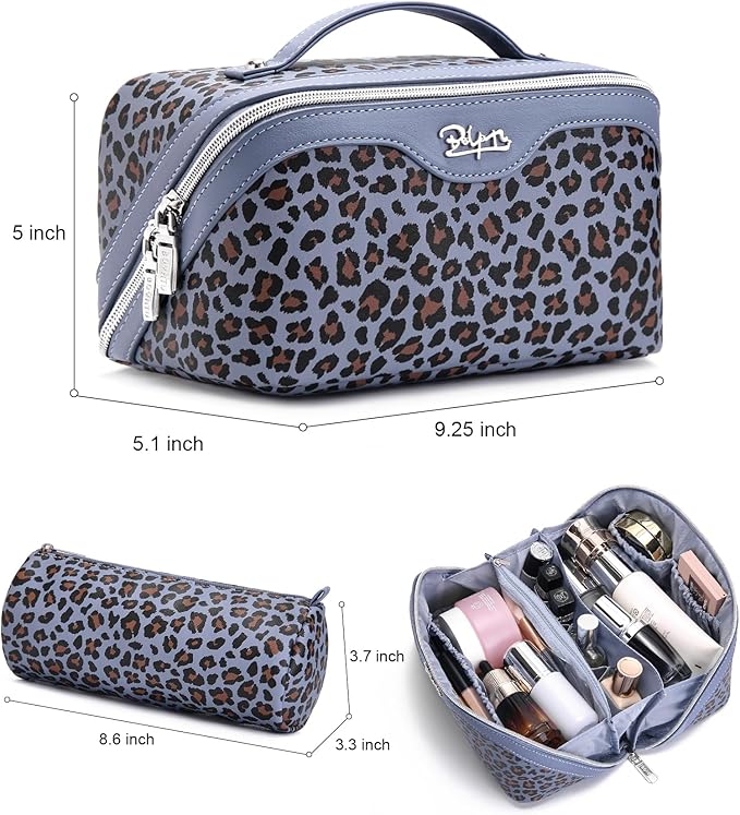 BOYATU Travel Makeup Bag for Women: 3 Pcs Set Portable Make up Bags with Handle - Leopard Print Cosmetic Bags with Comparments - Waterproof Vegan Leather Toiletry Bag (08-Light Blue)
