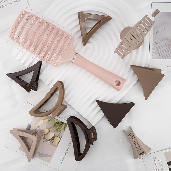 COZYISLE Neutral Tones Hair Accessories Set - 9 Medium Hair Clips (Arched & Triangle), 1 Hair Brush | Non-Slip Hair Clips for Thin Hair (Soft Pink, Beige, Brown)