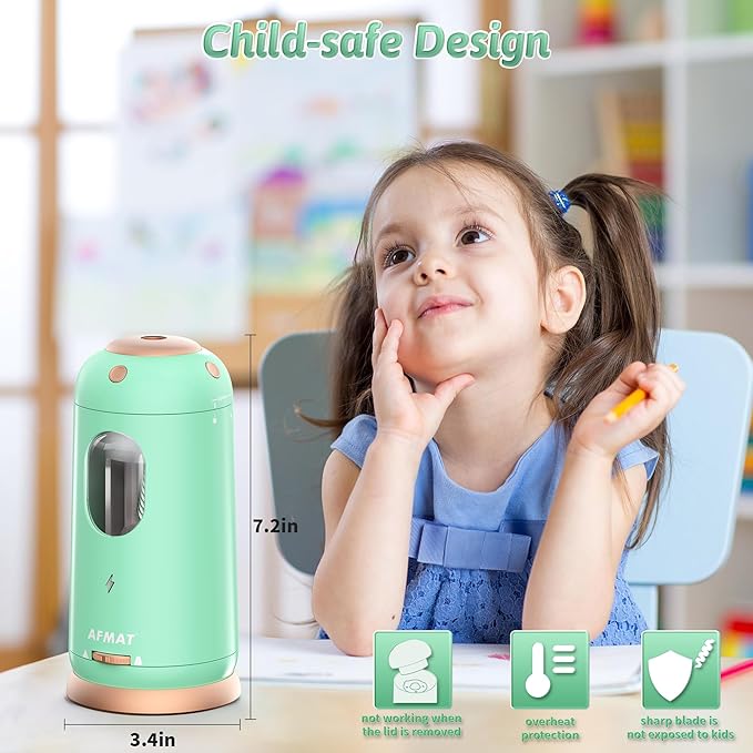 AFMAT Electric Pencil Sharpener, Auto in & Out, Fully Automatic Pencil Sharpener, Rechargeable Hands-Free Sharpeners for Jumbo & Colored Pencils (7-11.5mm), Good for Classroom/Home PSC8(Light Green)