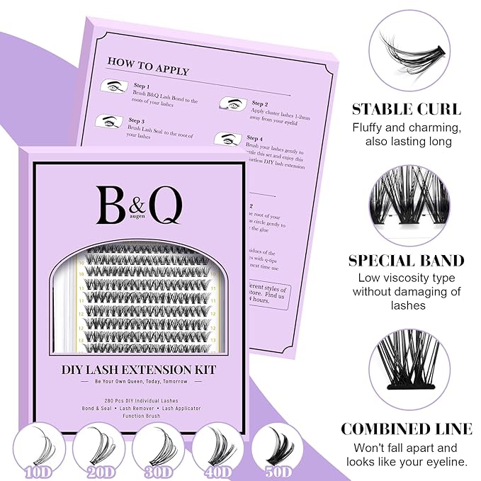 B&Q Lash Clusters Kit 280PCS Eyelash Clusters Kit,40D C 9-16MIX Individual Lash Comfortable Eyelash Extension Set, Classic Look with Bond and Seal Waterproof, Remover DIY at Home(Set,40D-C)