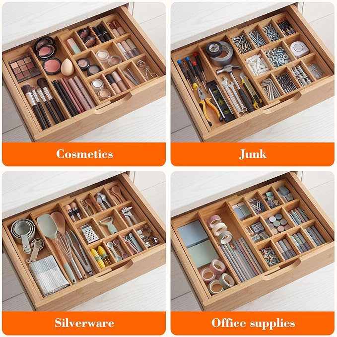 1 Pcs Bamboo Desk Drawer Organizer Wood 2 Inch Height Expandable Drawer Organizer Trays with 13 Adjustable Compartments Desk Accessories for Makeup Silverware Office Bathroom(Wood, Natural)