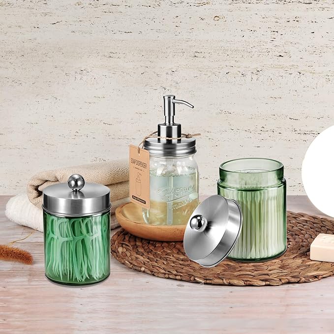 Amolliar Sage Green Glass Apothecary Jar, Qtip Holder Metal Lid & Sticker, Bathroom Qtip Dispenser Storage Canister, Perfect for Cotton Balls, Swabs, Round Pads, Bath Salt, Floss,Brushed Nickel 1 Pack