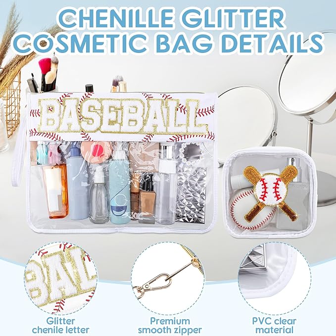 Hillban 2 Pcs Baseball Gifts Snack Bags Makeup Cosmetic Bag Clear Chenille Letter Zipper Pouch Toiletry Purse Baseball Accessories Stuff Sport Portable Travel Cases for Mom Women Girl Team