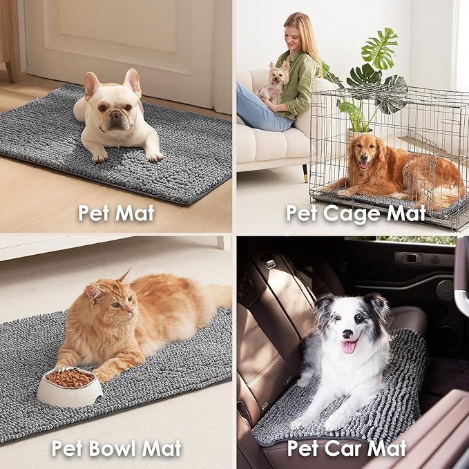 EHEYCIGA Super Absorbent Dog Door Mat for Muddy Paws 48x30 Inch Indoor, Front Doormat Outside Entrance, Quick Dry Chenille Washable Dog Crate Bed, Non-Slip Pet Rug Mud Mat Outdoor Entryway, Grey