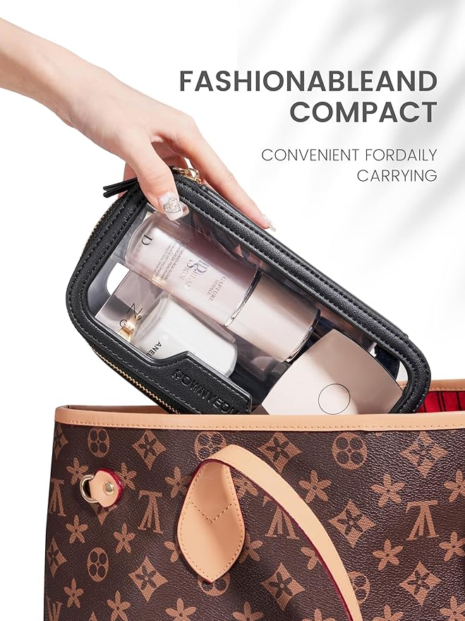 ROWNYEON Waterproof Toiletry Organizer Train Case, CLear Travel Makeup Bag for Women,Transparent Cosmetic Bag,Portable Makeup Case Organizer (black)