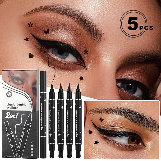5PCS Liquid Winged Eyeliner Stamp Pen Set - Double-headed Black Eye Liner Pencil - Long-lasting Waterproof Stamp Eyeliner Set for Eye Makeup - Star, Heart, Flower, Butterfly, Triangle