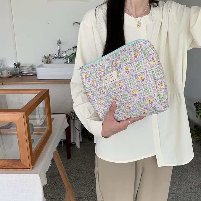 VIWIME Makeup Cosmetic Bag, Large Cotton Quilted Travel Coquette Aesthetic Cute Floral Make up Bag for Women Toiletry Bag Organizer (107- Grid / 2Pcs)