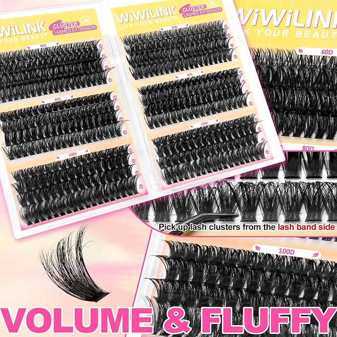 Lash Clusters 448Pcs (60D+80D+100D), Fluffy Wispy Lashes Clusters, D-Curl Cluster Eyelash Extensions 10-16mm - 100% Vegan, Beginner Friendly