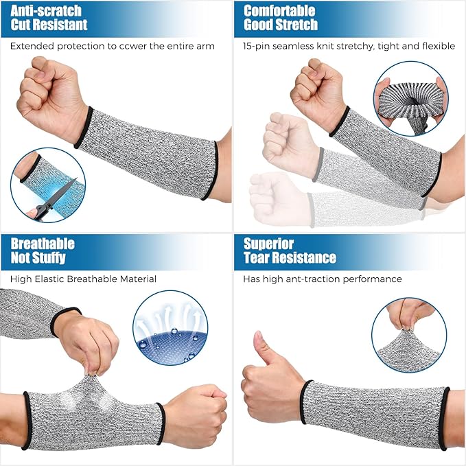 2 Pairs Cut Resistant Sleeve Arm Protection Level 5 Protection Safety Protective Sleeves Arm Protectors for Men Women(8.6 x 3.7 Inches,Blue, Gray)