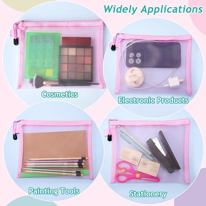 12-Piece Nylon Zipper Pouch Set, Pink Mesh Cosmetic Bags, Zippered Travel & Office Supplies Organizers - A5