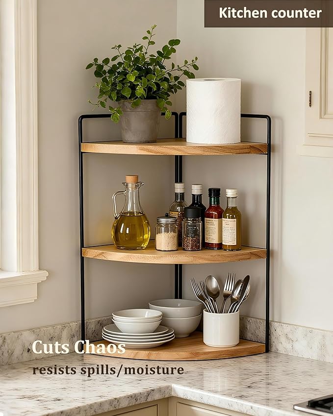 3-Tier Bathroom Corner Counter Organizer, Solid Wood Countertop Organizer, 3-Coat Waterproof Paint & Sturdy Metal Frames | Space-Saving Vanity Storage for Toiletries/Cosmetics (Natural)