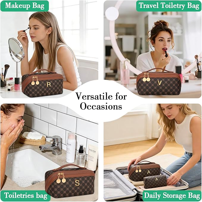 Birthday Gifts for Women Teen Girl, Personalized Initial Makeup Organizer Bag Set, Open Flat Travel Cosmetic Bag With Clear Divider and Handle(Coffee,J)