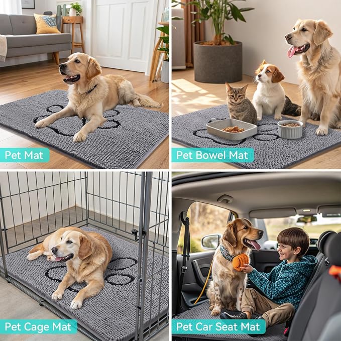 Smiry Dog Door Mat for Muddy Paws, Absorbent Dirt Trapper Non Slip Quick Dry Washable Chenille Mat for Mud Dogs, Entry Rug for Indoor and Outdoor (45x27 Inches, Grey and Black)