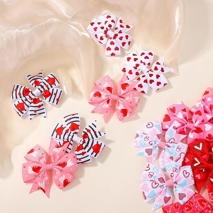 choicbaby 20pcs Valentines Hair Bows Toddler Girls Hair Clips 3"Grosgrain Ribbon Baby Bow Clips Valentines Love Heart Pattern Bows with Alligator Clips Hair Accessories for Toddler Girls Baby Kids