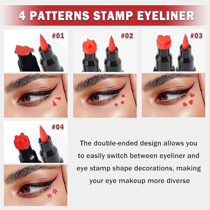 2PCS Double-headed Eyeliner Stamp Pencil Red Liquid Winged Eyeliner Stamp Pen Waterproof Smudgeproof Eye Liner Stamp for Eye Makeup(Star+Heart)