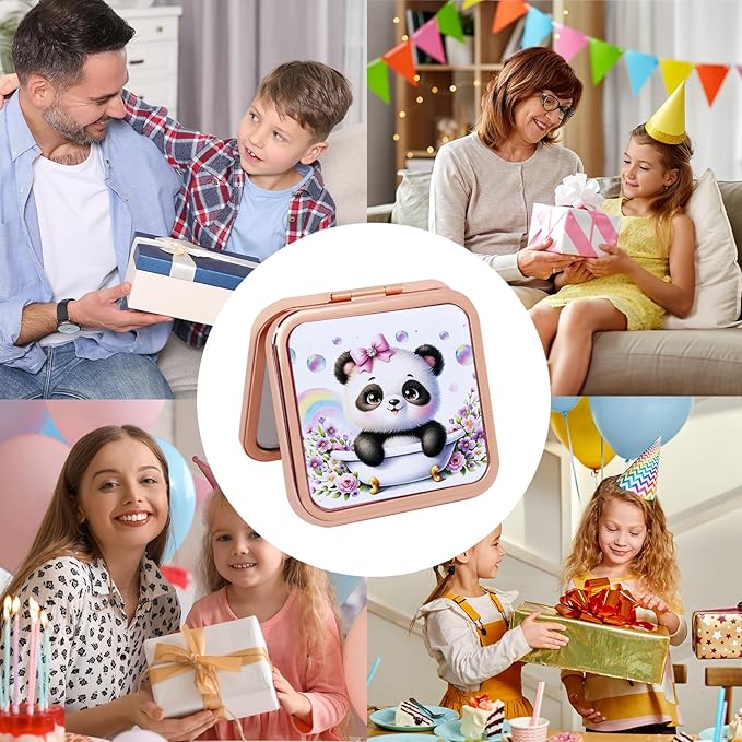 Cute Panda Travel Mirror with Comb, Double-Sided Mini Compact Makeup Mirror with 1x/2x Magnification, Rose Gold Portable Folding Mirror for Purse, Pocket & On-The-Go