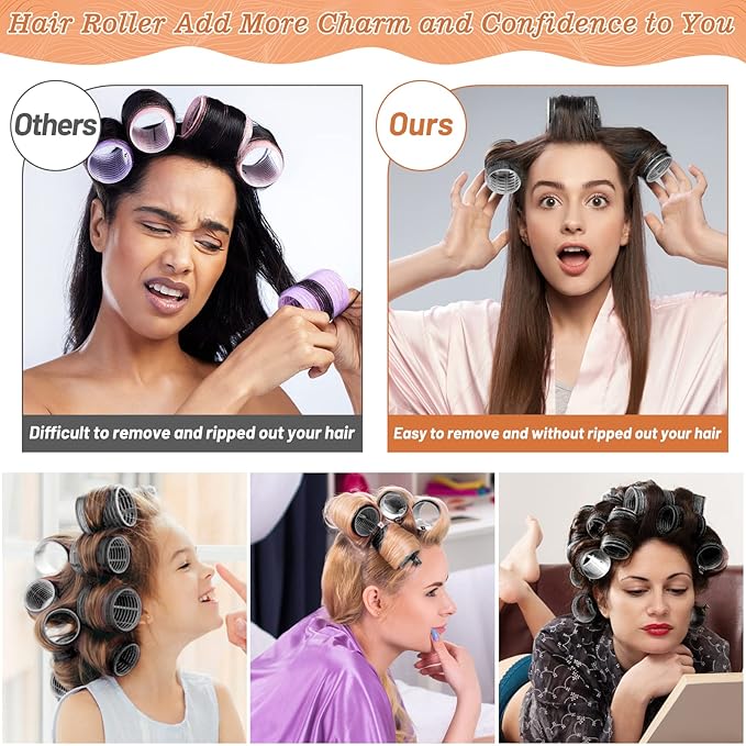 Hair Curler Rollers for Women 24PCS Heatless Hair Roller with 12PCS Clips, 4 Sizes(Jumbo Large Medium Small)Self Grip Holding Hair Rollers for Long Medium Short Thick Fine Volume Thin Bangs Hair