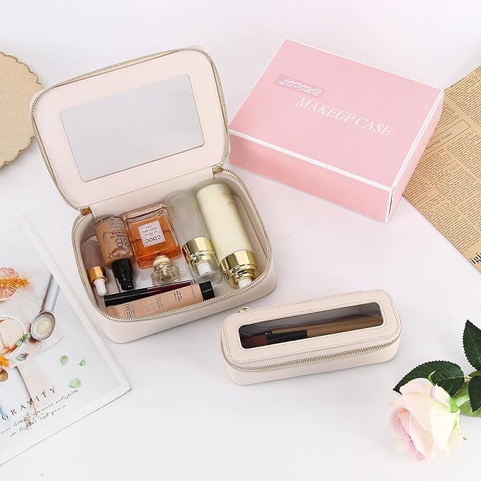 Clear Travel Makeup Bag with Brush Case Portable Transparent Cosmetic Bag and Toiletry Bag Waterproof Makeup Organizer with Zipper Car Essential for Women (Beige, M+Slim)