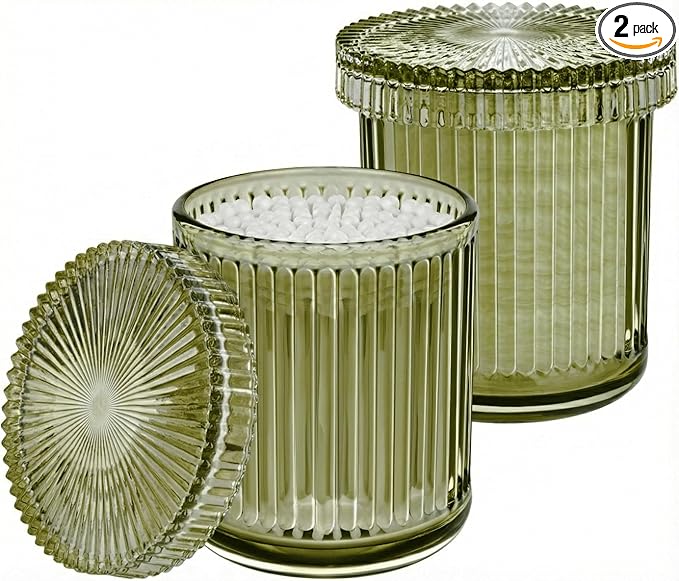 2 Pack Qtip Holder - Apothecary Jars with Lids, Bathroom Organizers and Storage Canister for Cotton Balls,Swabs,Floss Picks,Hair Ties,Clear Glass Vintage Bathroom Decor Jar Set (green2)