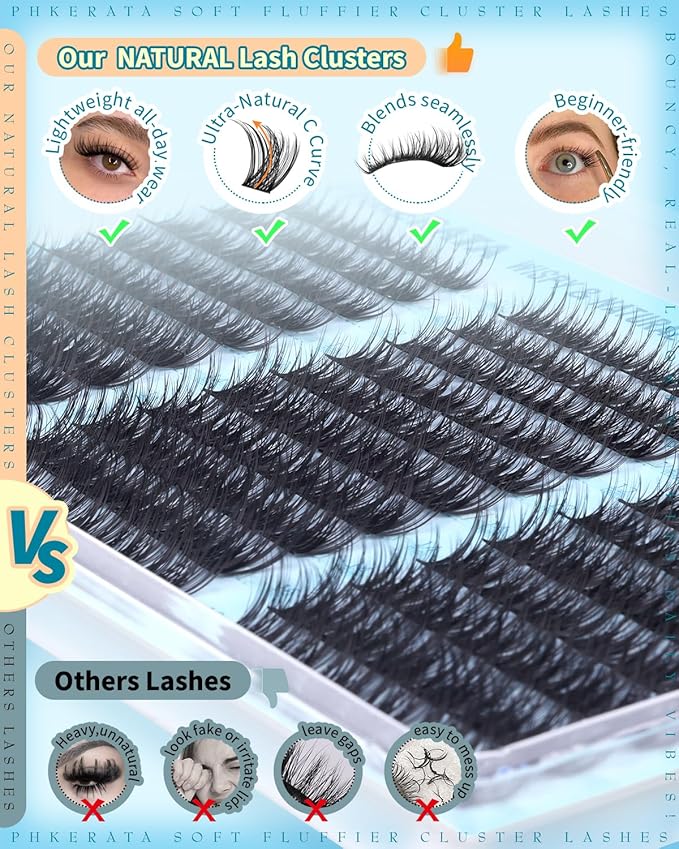 PHKERATA Natural Lash Clusters Kit 180Pcs Wispy Cluster Eyelash Extensions Kit, C Curly DIY Lash Extension Kit with Bond and Seal & Tweezers, Soft Individual Lashes for Everyday Look, 10-16mm