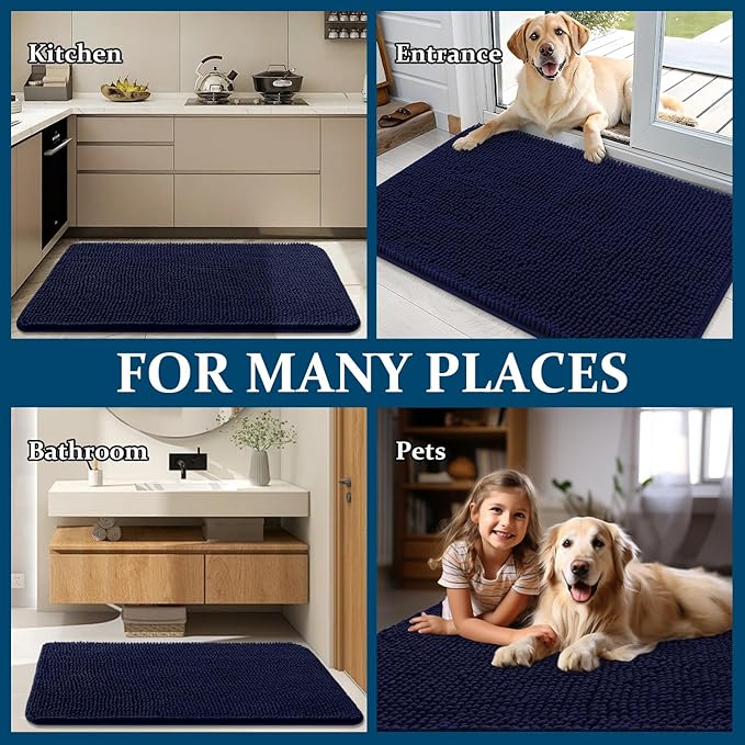 OLANLY Dog Door Mat for Muddy Paws 70x35, Absorbs Moisture and Dirt, Absorbent Non-Slip Washable Doormat, Quick Dry Chenille Mud Mat for Dogs, Entry Indoor Entryway Carpet for Inside Floor, Navy Blue