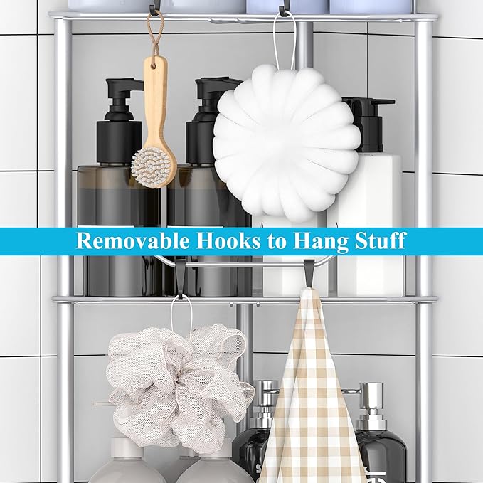 2 Tier Floor Standing Corner Shower Caddy Organizer Shelf with Hooks, Bathroom Shelves Stand Rack, Silver