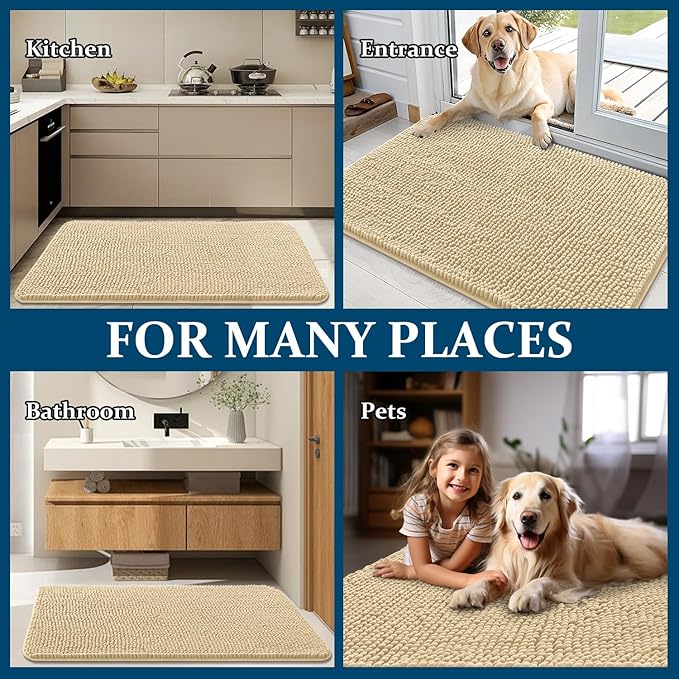 OLANLY Dog Door Mat for Muddy Paws 34x21, Absorbs Moisture and Dirt, Absorbent Non-Slip Washable Doormat, Quick Dry Chenille Mud Mat for Dogs, Entry Indoor Entryway Carpet for Inside Floor, Sand