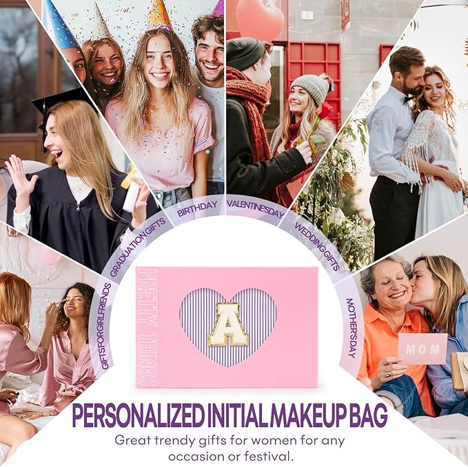 2 PCS Initial Makeup Bags for Women: Cosmetic Bag for Travel Toiletry - Birthday Gifts for 11 12 13 14 15 16 17 18 Years Old Girl Graduation Teacher Gift- Teen Girl Gifts Trendy Stuff - Purple C