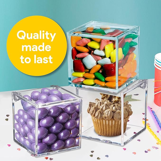 Hammont Clear Acrylic Box with Hinged Lid – Small Plastic Organizer for Office, Desk, Makeup, Crafts, Cotton Balls, Jewelry & More | 3"x3"x3" (4 Pack)