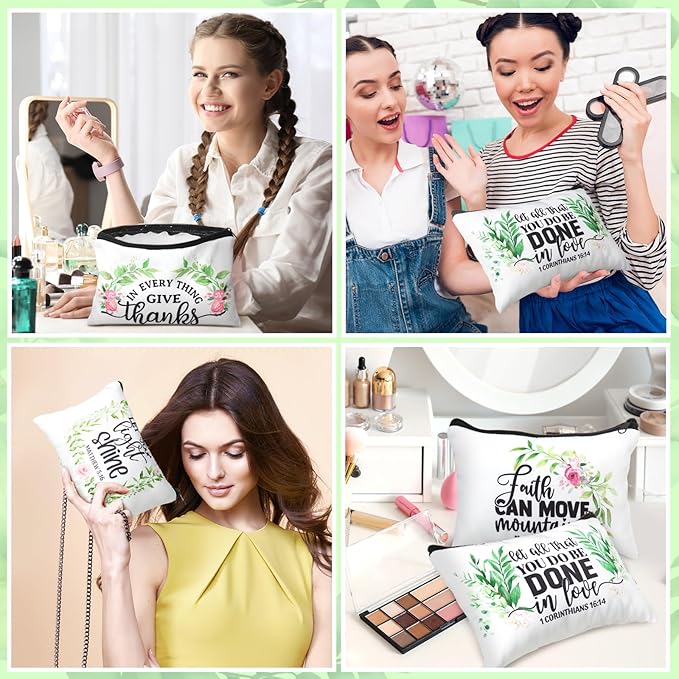 Pinkunn 16 Pcs Valentines Canvas Makeup Bags Bulk Inspirational Christian Women Religious Galentine Gifts Inspirational Bible Verse Pencil Pouch Makeup Bags with Zipper for Travel(Bible Leaves)