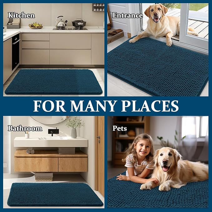 OLANLY Dog Door Mat for Muddy Paws 50x30, Absorbs Moisture and Dirt, Absorbent Non-Slip Washable Doormat, Quick Dry Chenille Mud Mat, Entry Indoor Entryway Carpet for Inside Floor, Atlantic Blue
