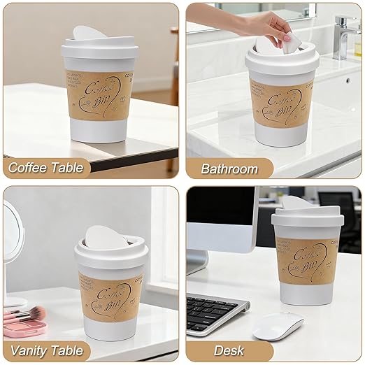 Soddeph 0.9 Gallon Desktop Trash Can with Swing Lid, Small Plastic Waste Bin for Desk, Coffee Table, or Vanity,Mini Countertop Trash Can for Office or Bathroom (White)