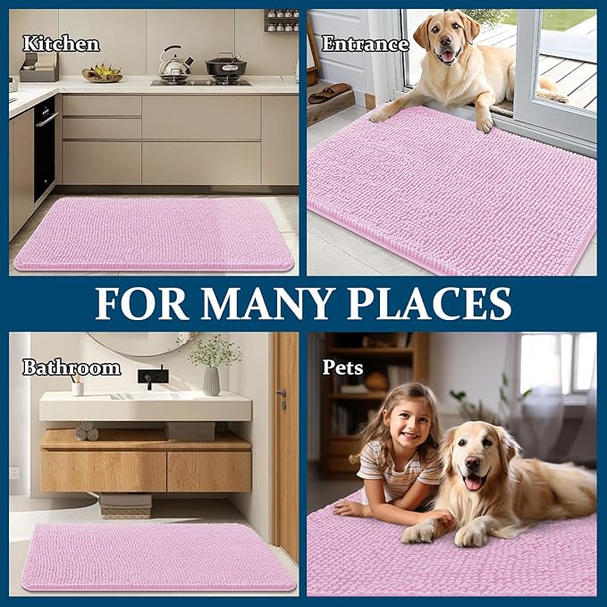 OLANLY Dog Door Mat for Muddy Paws 59x24, Absorbs Moisture and Dirt, Absorbent Non-Slip Washable Doormat, Quick Dry Chenille Mud Mat for Dogs, Entry Indoor Entryway Carpet for Inside Floor, Pink