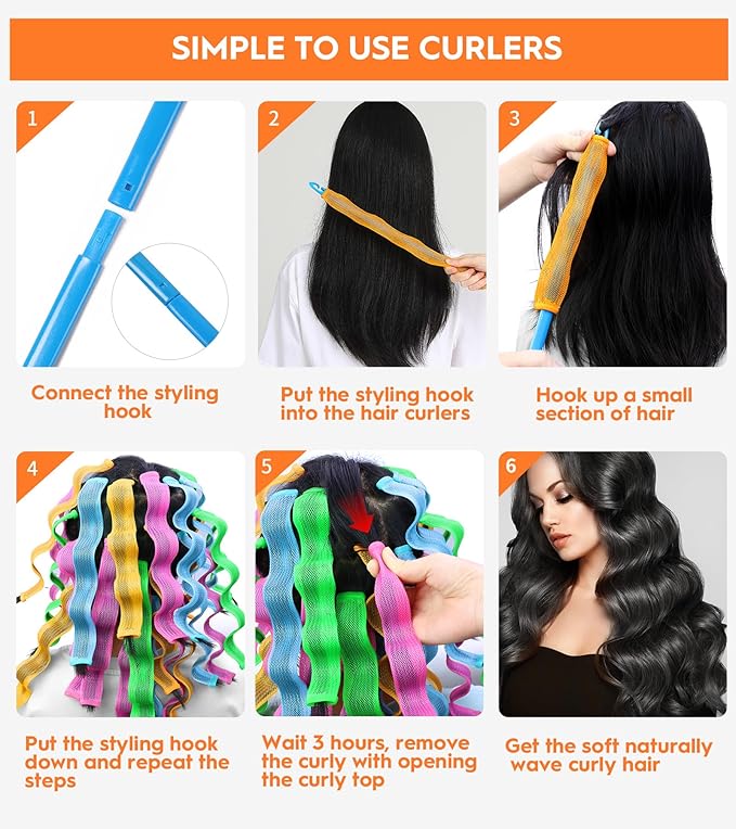 42 Pieces Heatless Waves Hair Curler, No Heat Damage Wavy Hair Curlers with 2 Sets of Styling Hooks, Heatless Curls for Women Girls Short Hair((4 Colors, 25cm / 9.8")