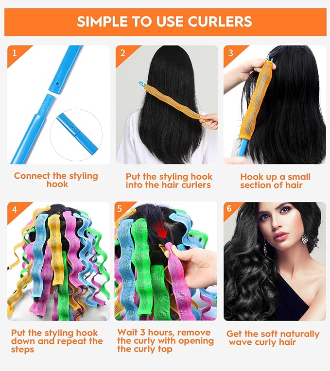 30 Pcs Heatless Hair Curlers Wave Curls Styling Kit with 2 Pcs Styling Hooks, No Heat Hair Curlers Heatless Wave Curlers for Women Girls Long Medium Short Hair (6 Colors, 45 cm/17.71 inch)