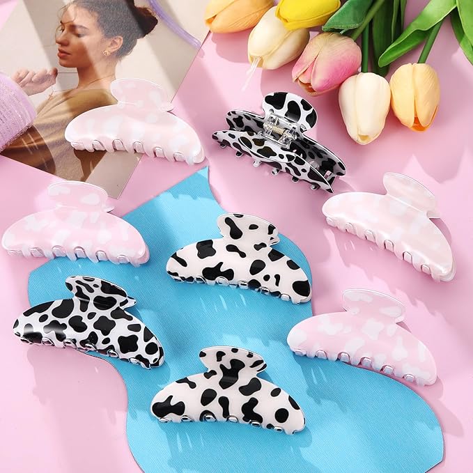 8 Pcs Large Acrylic Hair Claw Clips for Women Non-slip Strong Hold Jaw Clamps for Thick Thin Hair(Glossy,Dairy Cow Color)