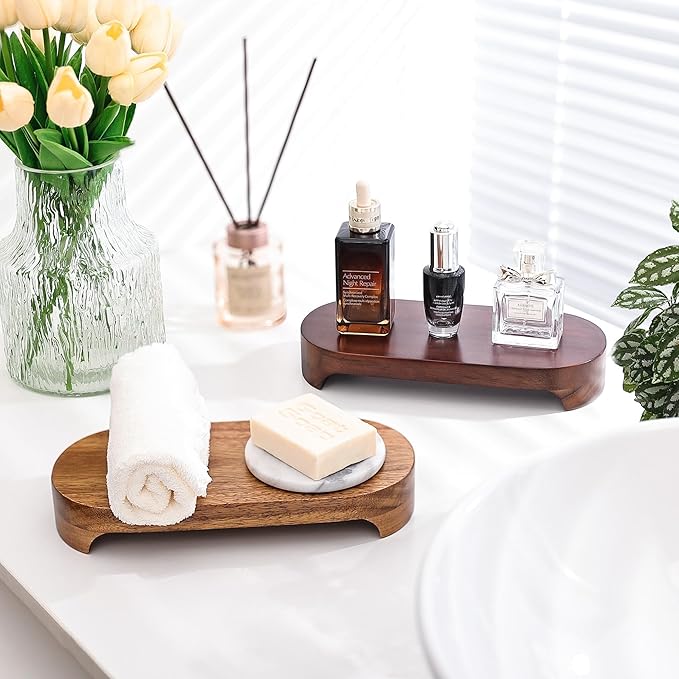 Acacia Wood Risers for Decor Display, Bathroom Counter Decorative Tray, Soap Dish Risers, Pedestal Stand for Bottles,Candle,Plant, Counter Decor for Vanity. (Nature Acacia)