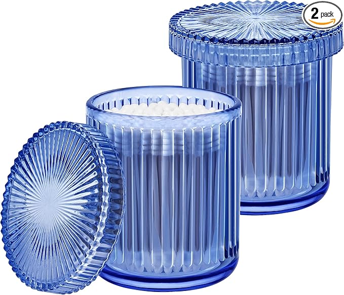 2 Pack Qtip Holder - Apothecary Jars with Lids, Bathroom Organizers and Storage Canister for Cotton Balls,Swabs,Floss Picks,Hair Ties,Clear Glass Vintage Bathroom Decor Jar Set (Blue2)