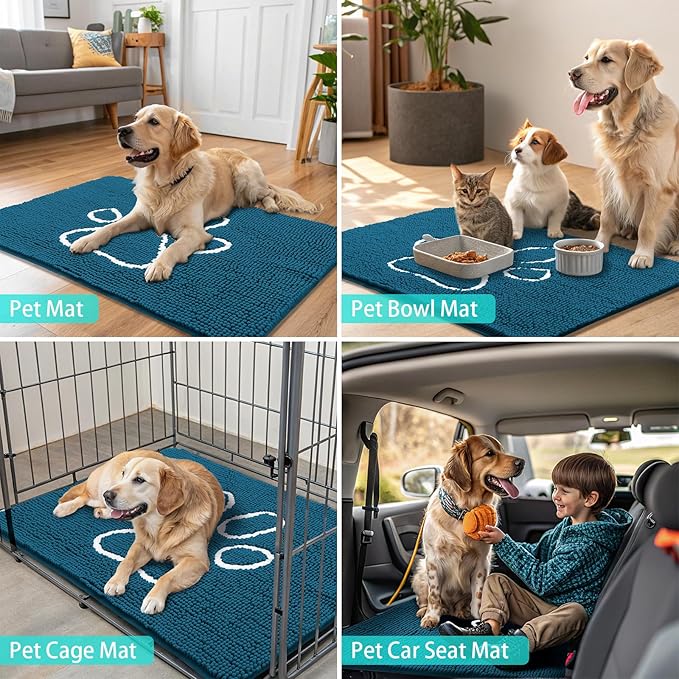 Smiry Dog Door Mat for Muddy Paws, Absorbent Dirt Trapper Non Slip Quick Dry Washable Chenille Mat for Mud Dogs, Entry Rug for Indoor and Outdoor (70x24 Inches, Atlantic Blue and White)