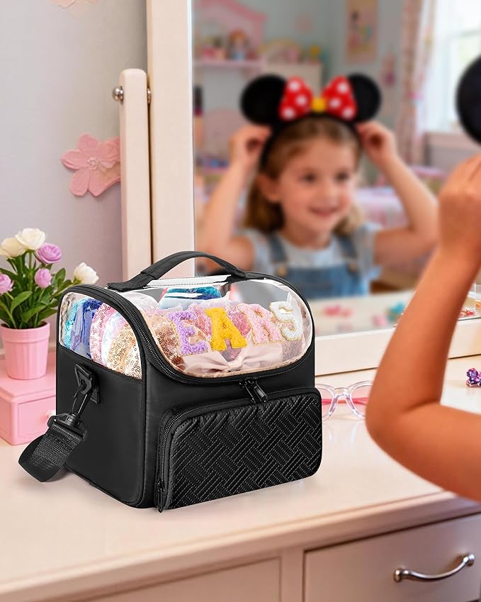Mouse Ears Travel Case with Detachable Divider, Headband Holder Organizer Bag with Shoulder Strap, Chenille Letter Hair Accessories Storage Box, Black