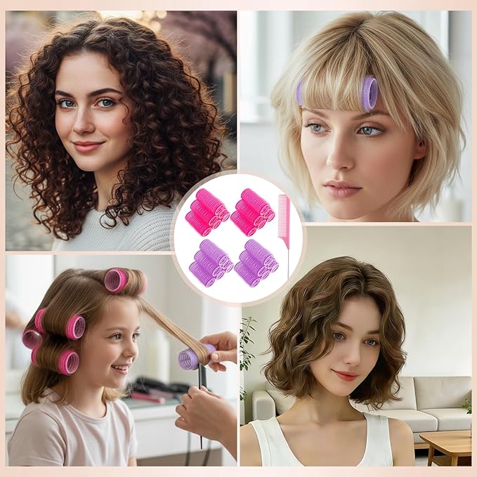 24 Pcs Self-Grip Small Hair Rollers Set, Curlers for Women Short Hair and Bangs, No Heat Hair Curlers to sleep in (25 mm, Rose Red and Purple)