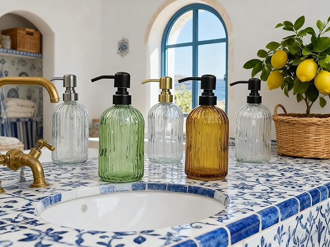 16Oz Clear Glass Soap Dispenser with Rust Proof Bronze Stainless Steel Pump, Refillable Bathroom Soap Dispenser with Vertical Stripe, Oil Rubbed Bronze Pump Kitchen Dispensers