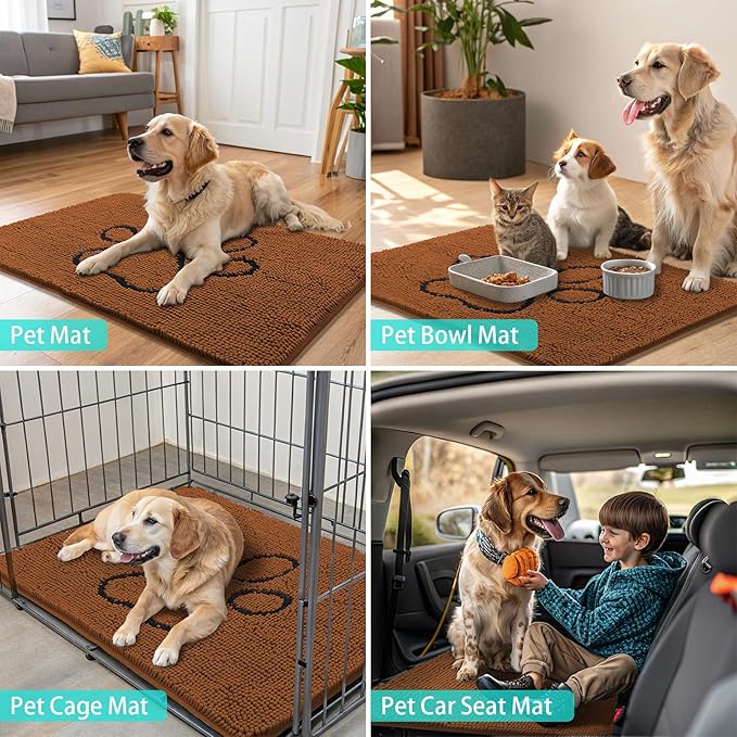 Smiry Dog Door Mat for Muddy Paws, Absorbent Dirt Trapper Non Slip Quick Dry Washable Chenille Mat for Mud Dogs, Entry Rug for Indoor and Outdoor (30x20 Inches, Ochre and Black)